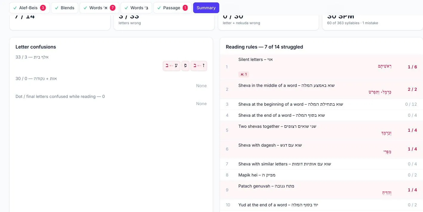 An assessment summary with letter confusions and results for each rule